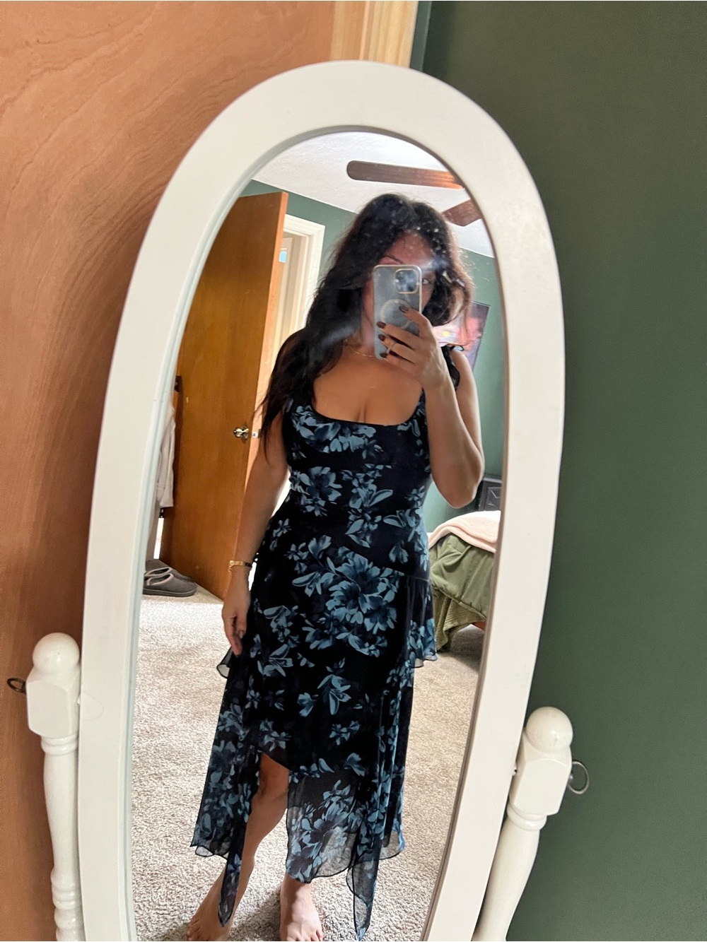 BCBGMaxAzria Black Dress with Blue Floral Print, High-Low Hem